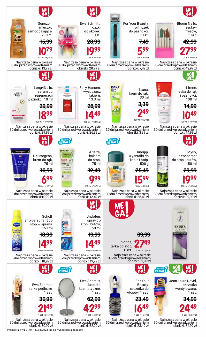 Gazetka promocyjna Rossmann - 1 kwietnia - ważna 01.04 do 17.04.2023 - strona 12 - produkty: Alterra, Antyperspirant, Antyperspirant do stóp, Balsam do stóp, Cążki, Cążki do skórek, Dezodorant, Ewa Schmitt, For Your Beauty, Isana, Kneipp, Krem do rąk, Lakier, Lirene, Lusterko kosmetyczne, Maska, Mleczko, Neutrogena, Rum, Sally Hansen, Scholl, Ser, Serum, Szczotka, Szczotka do włosów, Tarka, Tarka do stóp, Undofen, Wysuszacz lakieru