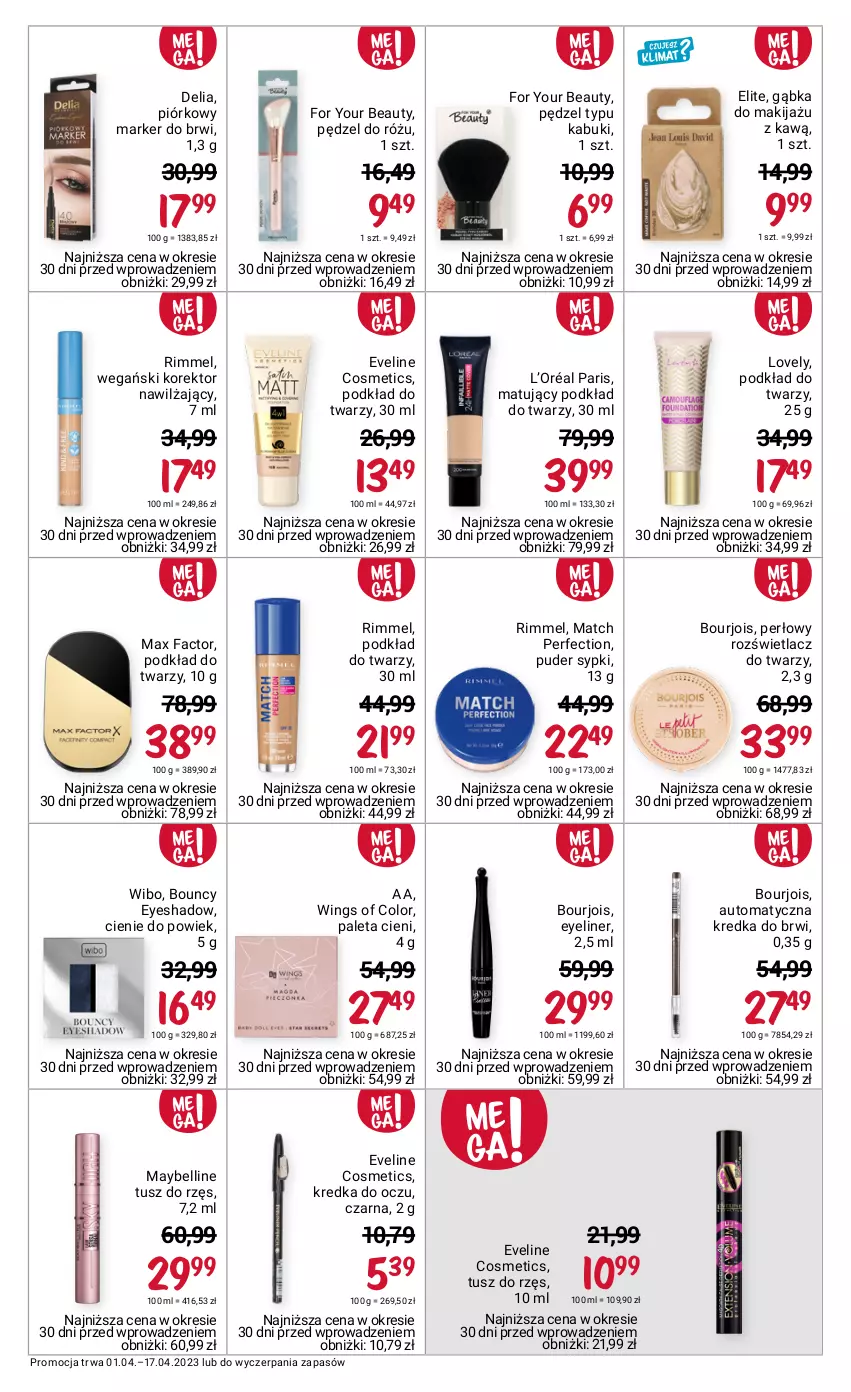 Gazetka promocyjna Rossmann - 1 kwietnia - ważna 01.04 do 17.04.2023 - strona 5 - produkty: Bell, Bourjois, Eveline, Fa, For Your Beauty, Kredka, Kredka do brwi, L’Oréal, Lovely, Makijaż, Marker, Max Factor, Maybelline, Paleta, Pędzel do różu, Podkład, Podkład do twarzy, Puder, Rozświetlacz, Tusz, Wibo