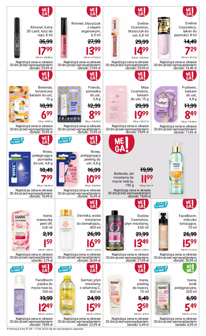 Gazetka promocyjna Rossmann - 1 kwietnia - ważna 01.04 do 17.04.2023 - strona 6 - produkty: Balsam do ust, Bielenda, Błyszczyk do ust, Dermika, Eveline, Fa, Garnier, Isana, Lakier, Lakier do paznokci, Makijaż, Miya Cosmetics, Mleczko, Nivea, Olej, Peeling, Pianka do mycia twarzy, Płyn micelarny, Tonik, Tusz, Woda, Woda micelarna