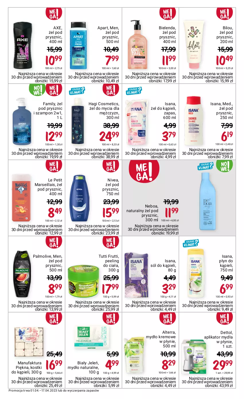 Gazetka promocyjna Rossmann - 1 kwietnia - ważna 01.04 do 17.04.2023 - strona 9 - produkty: Alterra, Biały Jeleń, Bielenda, Dettol, Fa, Isana, Mars, Mydło, Nivea, Palmolive, Peeling, Płyn do kąpieli, Sól, Sól do kąpieli, Szampon