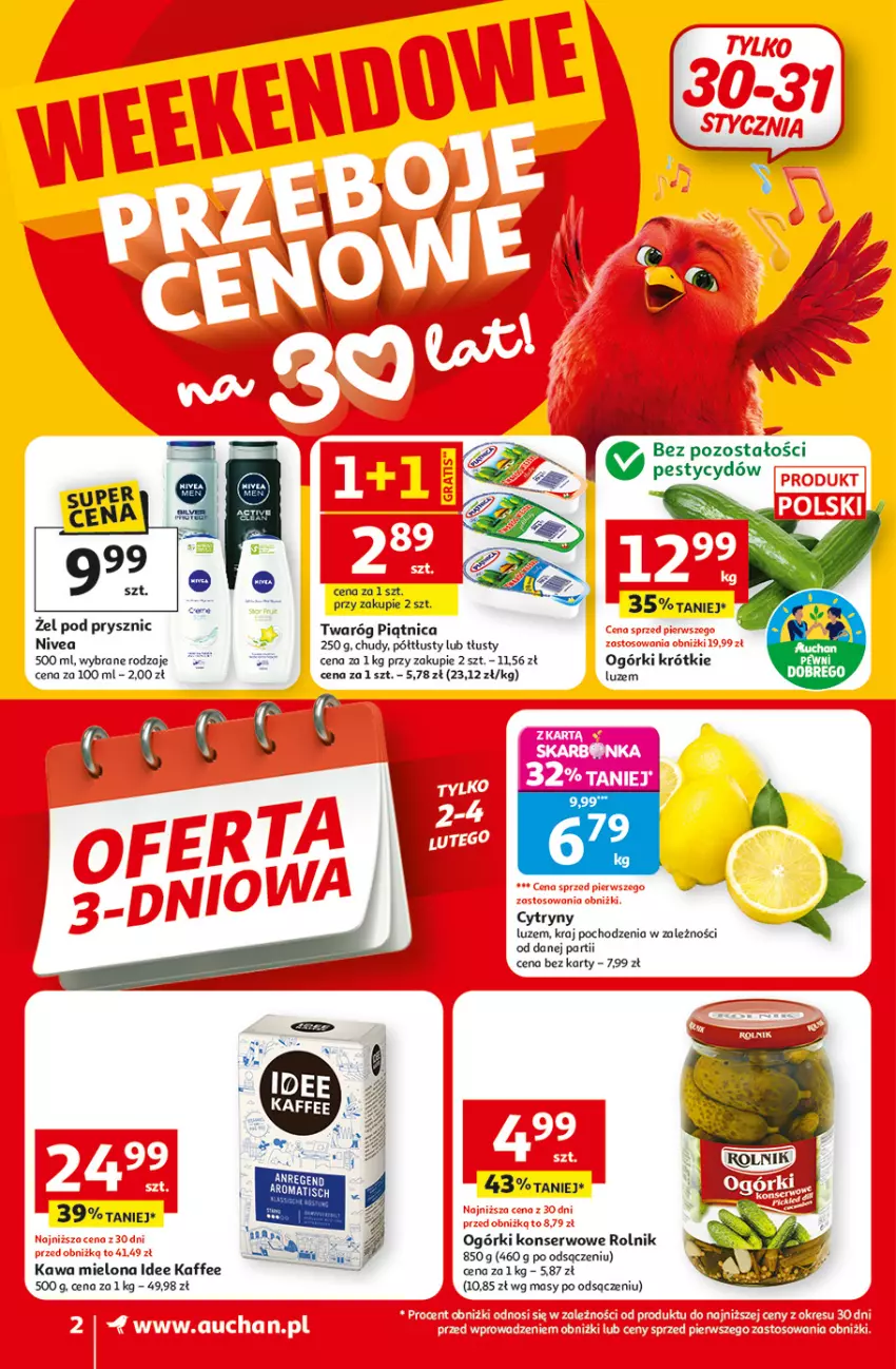 Gazetka promocyjna Auchan - Gazetka 30 Lat Supermarket Auchan - ważna 29.01 do 04.02.2026 - strona 2 - produkty: Cytryny, Kawa, Kawa mielona, Nivea, Ogórki konserwowe, Piątnica, Rolnik, Ser, Twaróg
