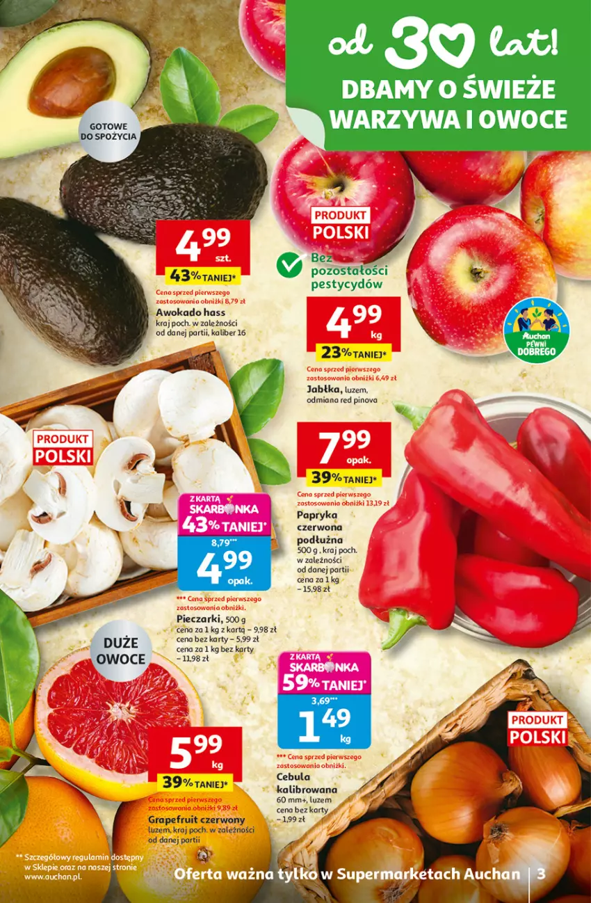 Gazetka promocyjna Auchan - Gazetka 30 Lat Supermarket Auchan - ważna 29.01 do 04.02.2026 - strona 3 - produkty: Cebula, Gra, Jabłka, Owoce, Papryka, Papryka czerwona, Piec, Warzywa, Warzywa i owoce