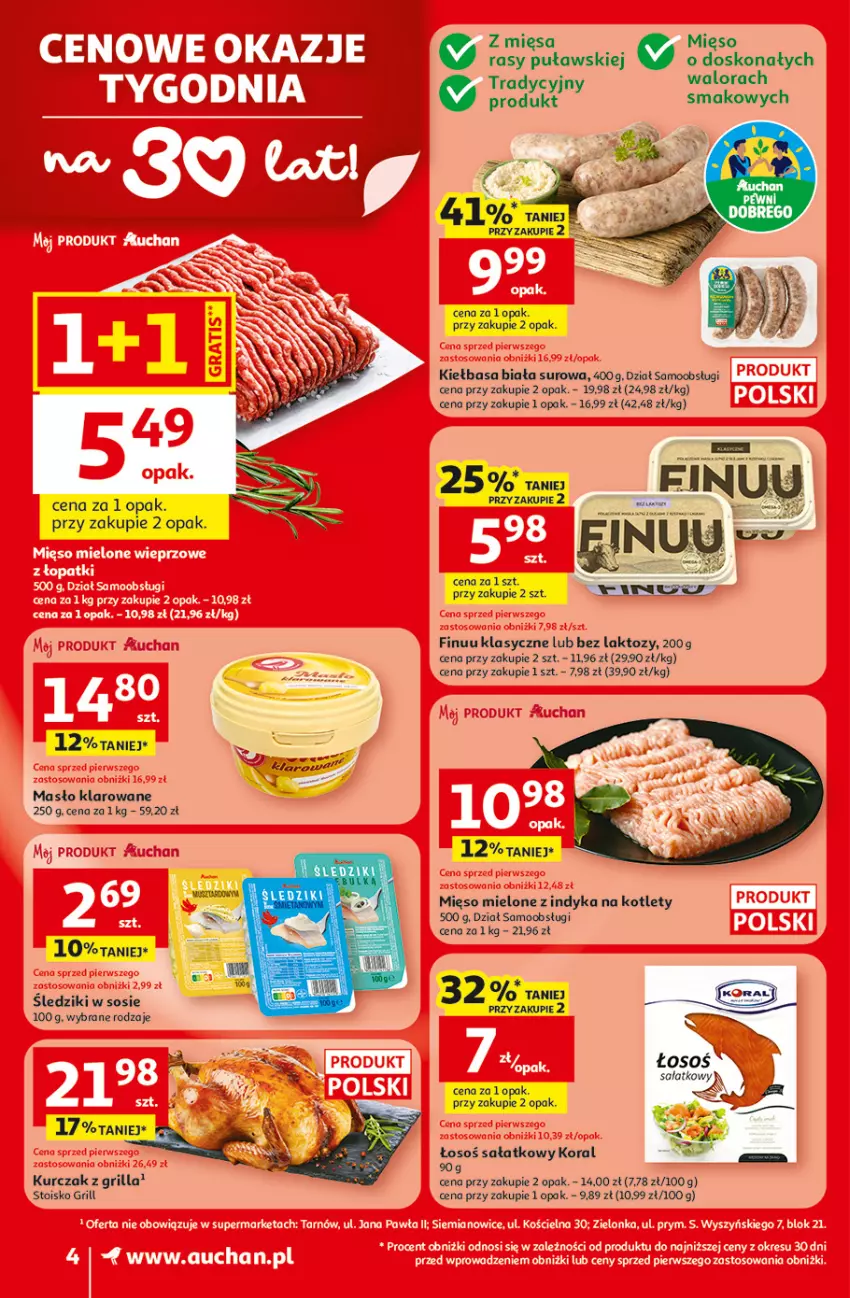Gazetka promocyjna Auchan - Gazetka 30 Lat Supermarket Auchan - ważna 29.01 do 04.02.2026 - strona 4 - produkty: Finuu, Grill, Kiełbasa, Kiełbasa biała, Kotlet, Kurczak, Mięso, Mięso mielone, Sałat, Sos