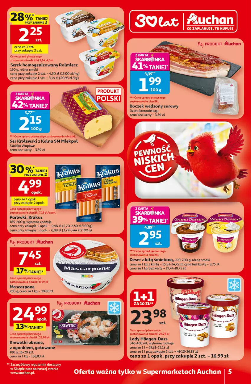 Gazetka promocyjna Auchan - Gazetka 30 Lat Supermarket Auchan - ważna 29.01 do 04.02.2026 - strona 5 - produkty: Boczek, Deser, Krakus, Krewetki, Królewski, Lody, Mascarpone, Parówki, Rolmlecz, Ser, Serek, Serek homogenizowany