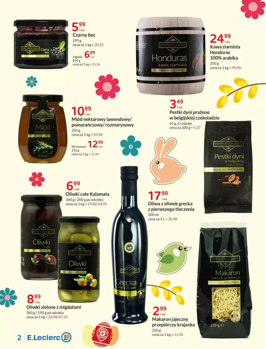 Gazetka promocyjna E Leclerc - ważna 05.04 do 16.04.2022 - strona 2 - produkty: Kawa, Kawa ziarnista, LG, Makaron, Miód, Nektar, Oliwa z oliwek, Oliwki, Oliwki zielone, Pestki dyni