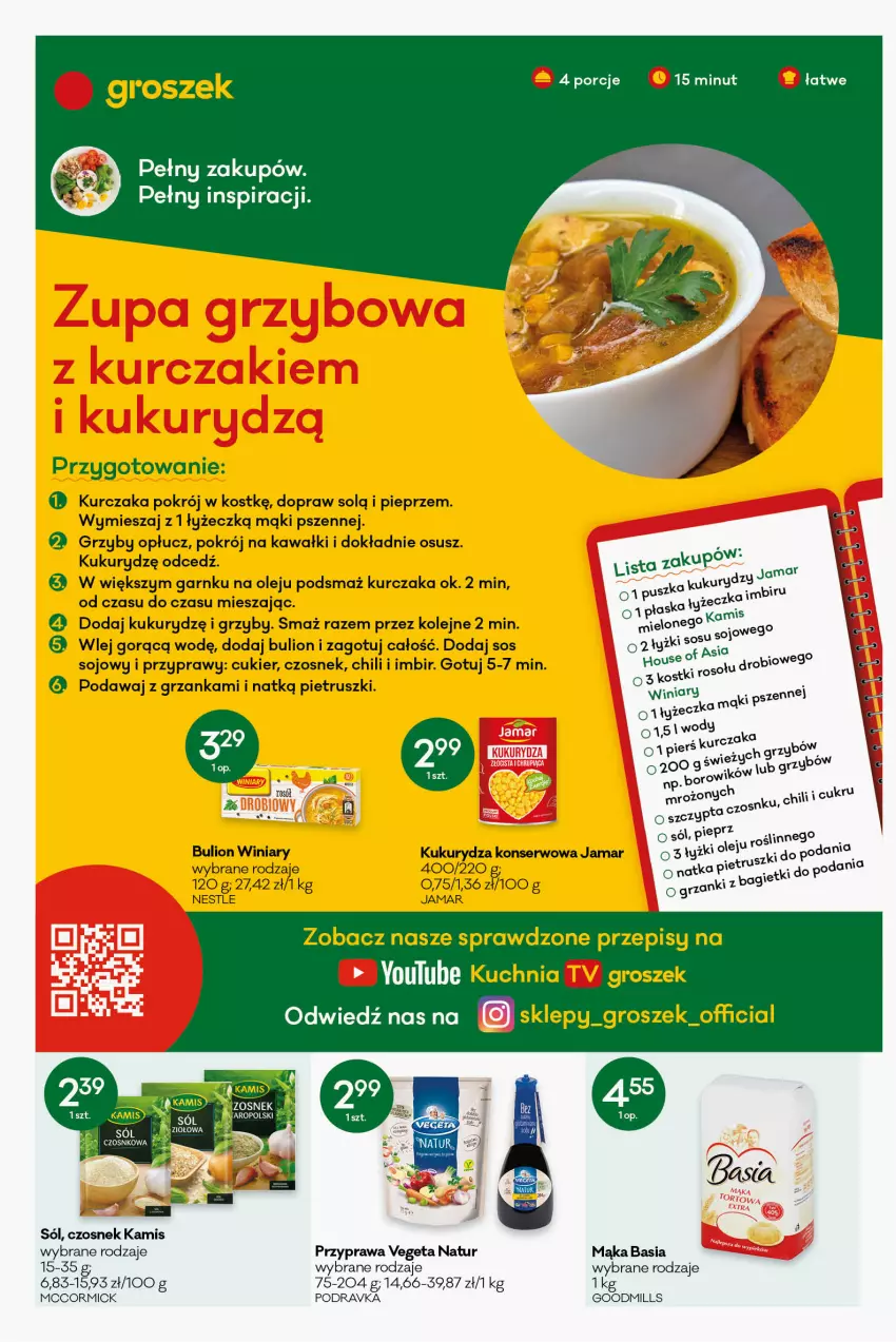 Gazetka promocyjna Groszek - ważna 13.10 do 25.10.2022 - strona 2 - produkty: Basia, Bulion, Cukier, Czosnek, Groszek, Grzyby, Imbir, Kamis, Kawa, Kuchnia, Kukurydza, Kukurydza konserwowa, Kurczak, Lion, Mąka, Olej, Pieprz, Podravka, Przyprawy, Ser, Sól, Sos, Vegeta, Vegeta Natur, Winiary