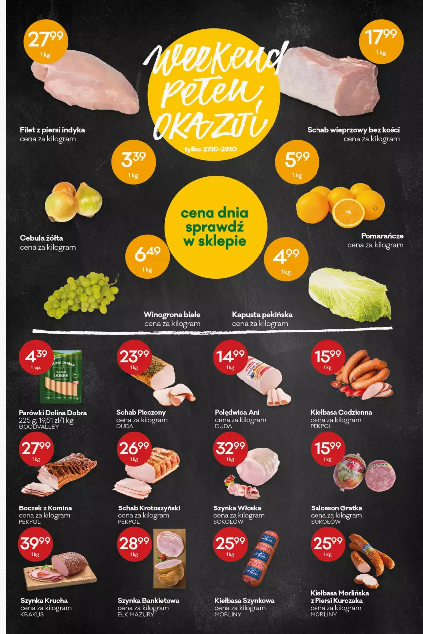 Gazetka promocyjna Groszek - ważna 13.10 do 25.10.2022 - strona 3 - produkty: Boczek, Cebula, Duda, Filet z piersi indyka, Gra, Kiełbasa, Kiełbasa szynkowa, Krakus, Kurczak, Morliny, Parówki, Pekpol, Piec, Polędwica, Pomarańcze, Salceson, Schab krotoszyński, Schab pieczony, Schab wieprzowy, Sok, Sokołów, Szynka