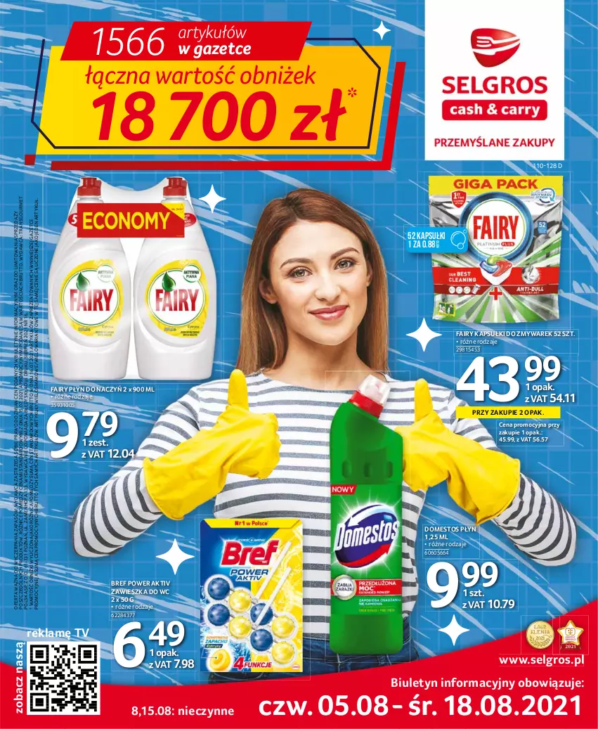 Gazetka promocyjna Selgros - Oferta spożywcza - ważna 05.08 do 18.08.2021 - strona 1 - produkty: Bref, Domestos, Fa, Fairy, LG, Tran, Zawieszka do wc