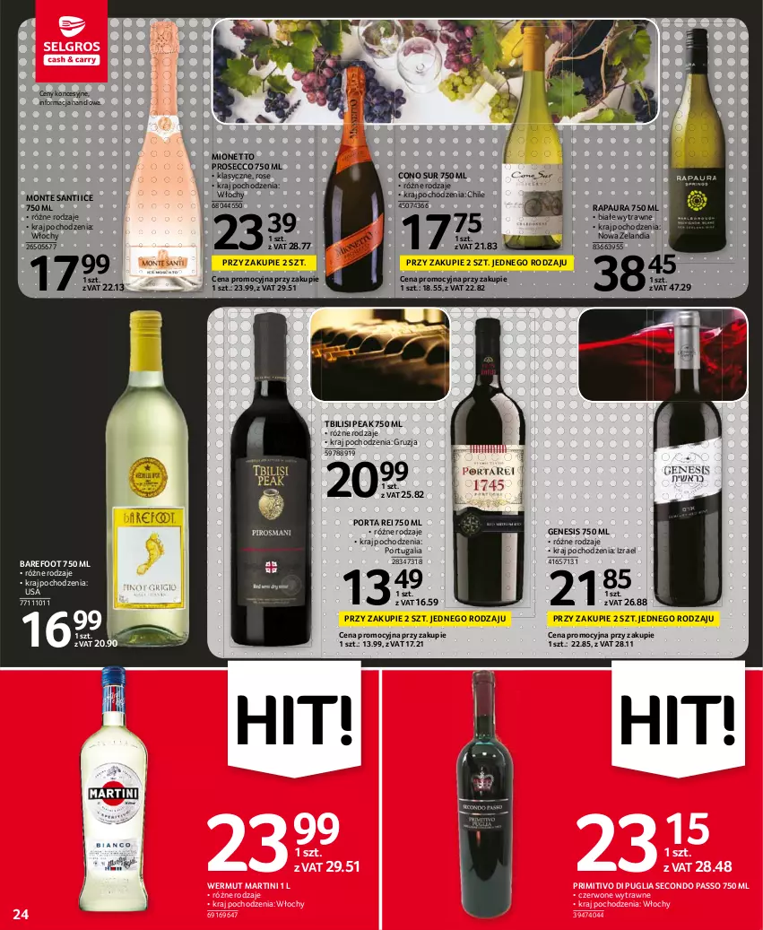 Gazetka promocyjna Selgros - Oferta spożywcza - ważna 05.08 do 18.08.2021 - strona 24 - produkty: Barefoot, Martini, Mionetto, Monte, Monte Santi, Por, Prosecco