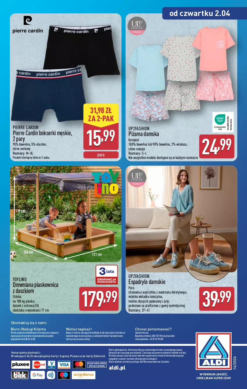 Gazetka promocyjna Aldi - Artykuły przemysłowe i tekstylia - ważna 31.03 do 02.04.2026 - strona 14 - produkty: Biuro, Bokserki, Fa, O nas, Pierre Cardin, Piżama, Por, Ser, Siedzisko, Sok, Wełna