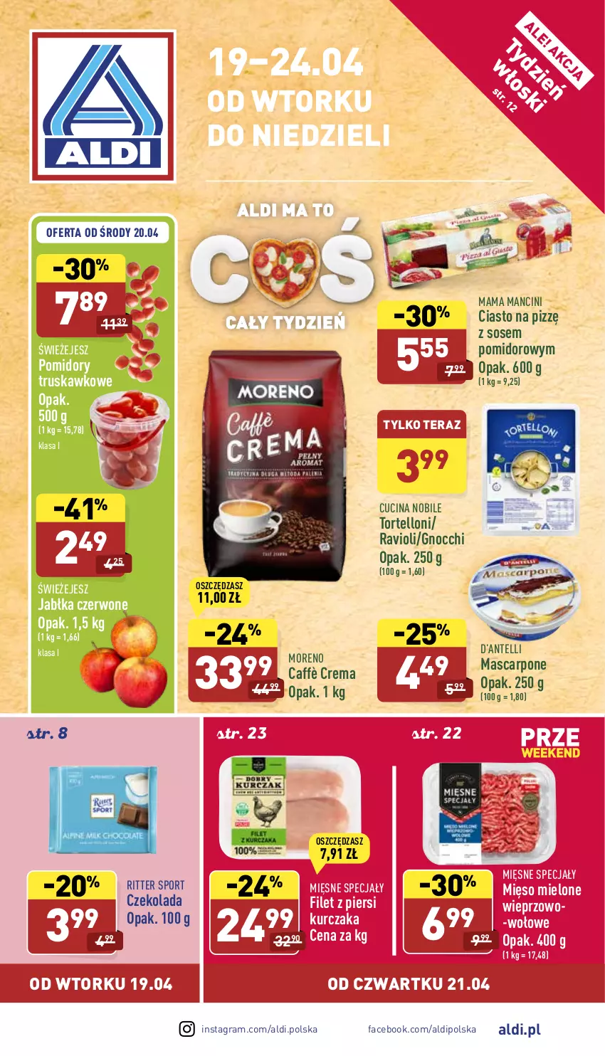 Gazetka promocyjna Aldi - Pełny katalog - ważna 19.04 do 24.04.2022 - strona 1 - produkty: Czekolada, Fa, Filet z piersi kurczaka, Gnocchi, Gra, Jabłka, Kurczak, Mascarpone, Mięsne specjały, Mięso, Mięso mielone, Pomidory, Por, Ritter Sport, Sos, Sport, Tera, Tortelloni