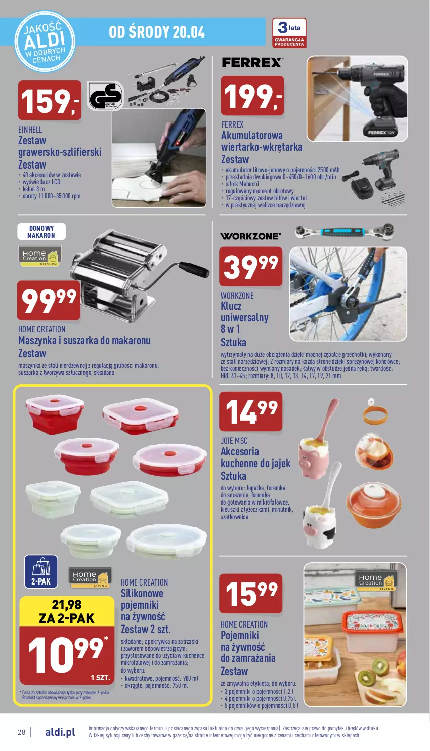 Gazetka promocyjna Aldi - Pełny katalog - ważna 19.04 do 24.04.2022 - strona 28 - produkty: Akumulator, Einhell, Fa, Gra, Makaron, Maszynka, Pojemnik, Suszarka, Szatkownica, Szynka, Tarka, Wkręt, Wkrętarka