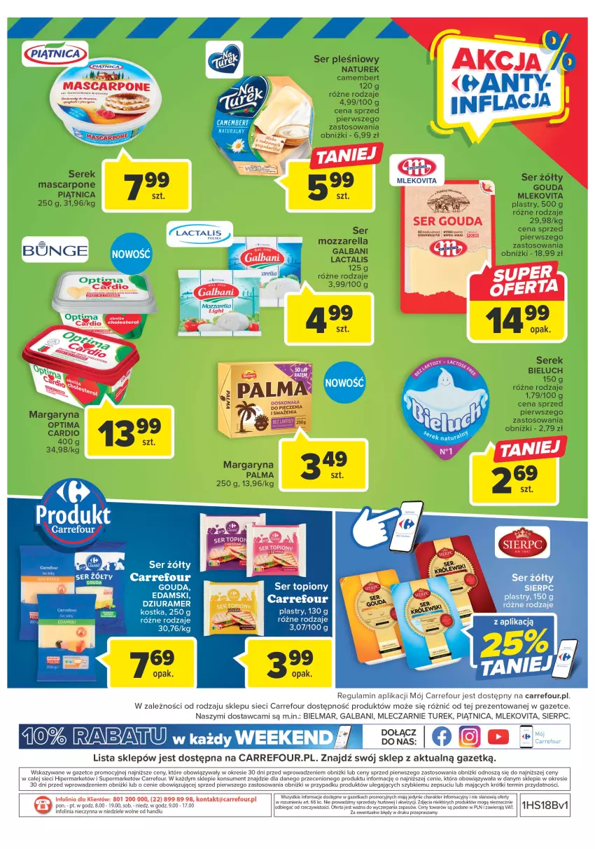 Gazetka promocyjna Carrefour - Gazetka Targ świeżości - ważna 02.05 do 06.05.2023 - strona 8 - produkty: Arnica, Bieluch, Camembert, Cheddar, Edam, Galbani, Gouda, Margaryna, Mascarpone, Mleko, Mlekovita, Mozzarella, NaTurek, Optima, Optima Cardio, Palma, Piątnica, Piec, Ser, Ser pleśniowy, Ser topiony, Serek, Top