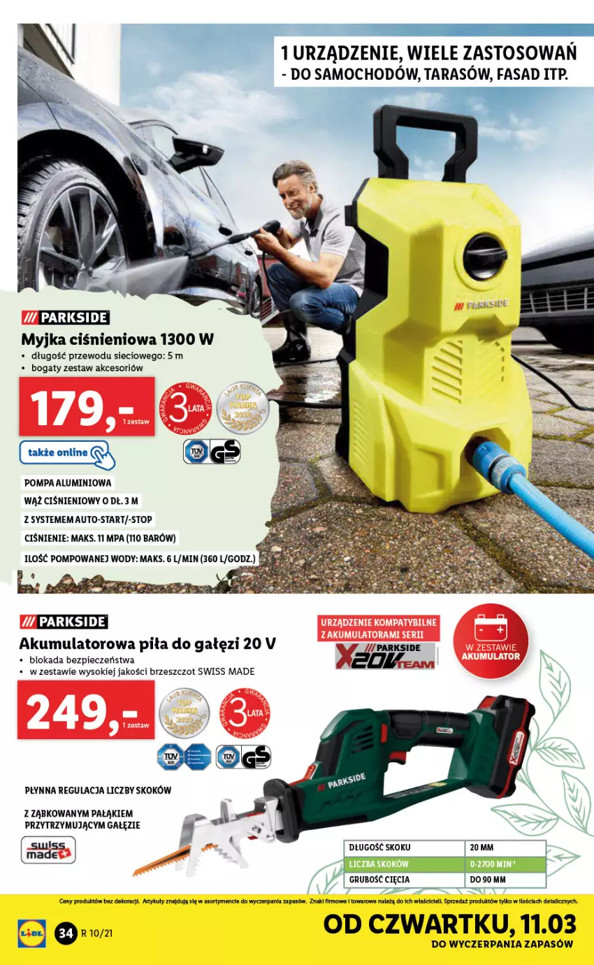 Gazetka promocyjna Lidl - GAZETKA - ważna 08.03 do 13.03.2021 - strona 34 - produkty: Akumulator, Fa, Myjka ciśnieniowa, Parkside, Piec, Piła do gałęzi, Sok, Top