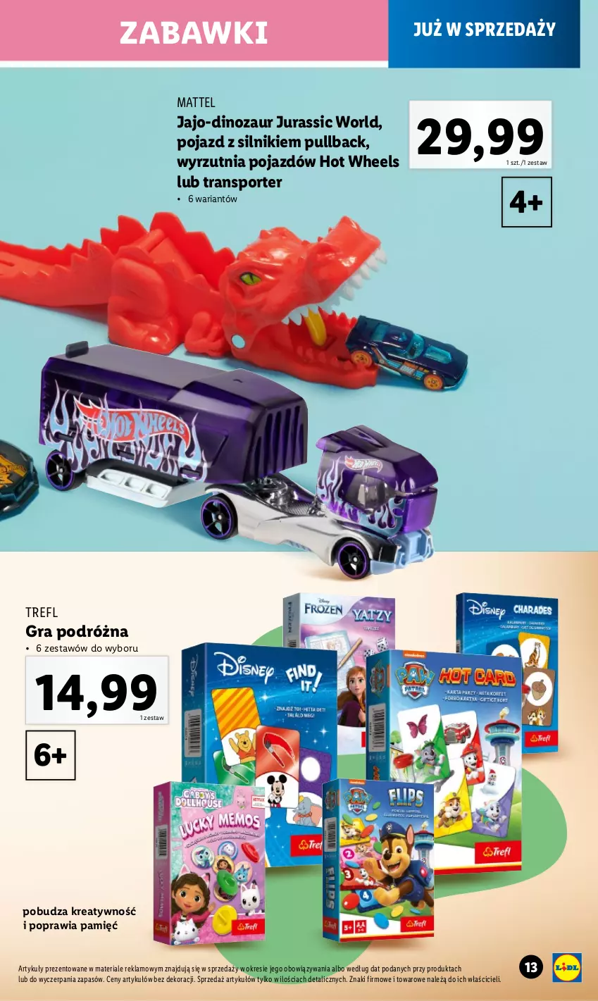 Gazetka promocyjna Lidl - GAZETKA - ważna 06.05 do 01.06.2024 - strona 13 - produkty: Dinozaur, Gra, Hot Wheels, Jurassic World, Mattel, Pojazd, Por, Sport, Tran, Wyrzutnia