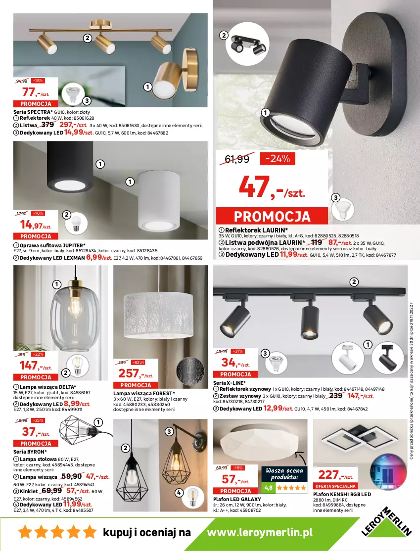 Gazetka promocyjna Leroy Merlin - Gazetka Leroy Merlin - ważna 18.11 do 24.12.2022 - strona 13 - produkty: Gala, Gra, Lampa, Lampa stołowa, Lampa sufitowa, Lampa wisząca, Laur, LG, Listwa, Plafon, Plafon LED, Reflektor, Ser