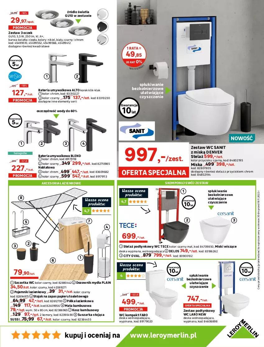 Gazetka promocyjna Leroy Merlin - Gazetka Leroy Merlin - ważna 18.11 do 24.12.2022 - strona 19 - produkty: Bateria, Bateria umywalkowa, Brodzik, Deska wolnoopadająca, Dozownik, Dozownik mydła, Fa, Grzejnik, Grzejnik łazienkowy, Klej, Kosz, Lack, LG, Lustro, Mata bambusowa, Miska, Papier, Pojemnik, Półka, Półka łazienkowa, Ser, Słupek, Słupek wiszący, Stojak, Suszarka, Szafka, Szafka pod umywalkę, Szczotka, Umywalka, Zestaw podtynkowy WC