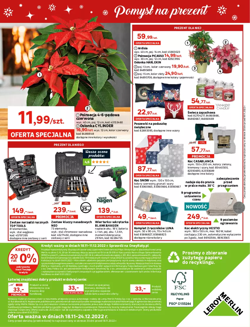 Gazetka promocyjna Leroy Merlin - Gazetka Leroy Merlin - ważna 18.11 do 24.12.2022 - strona 24 - produkty: Bateria, Fa, Gra, Granat, Koc, Kosz, Osłonka, Papier, Piec, Poinsecja, Pokrywa, Ręcznik, Ser, Sok, Sprzedawcy, Tarka, Top, Wkręt, Wkrętarka, Zestaw kluczy, Zestaw kluczy nasadowych, Zestaw narzędzi