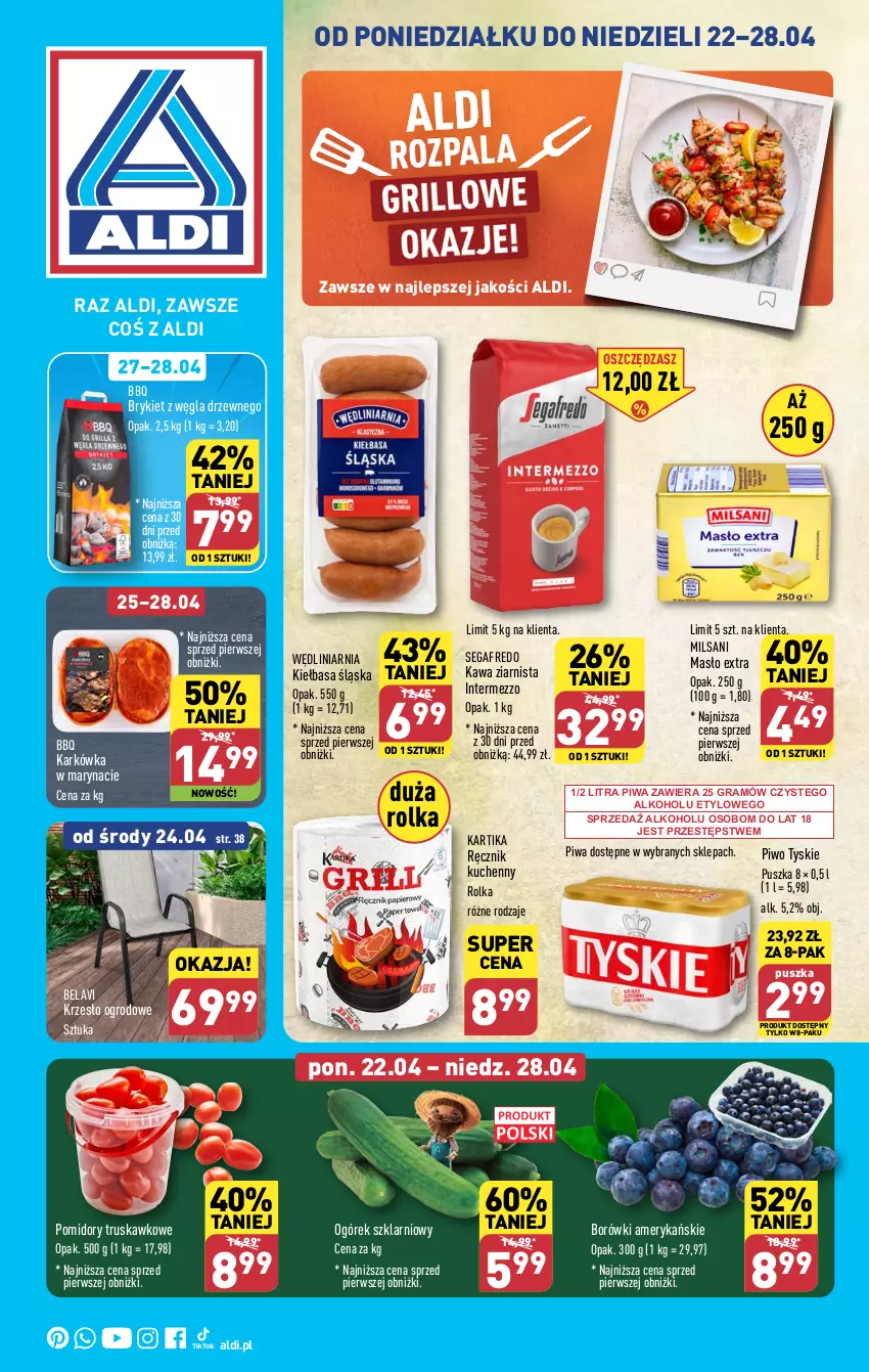 Gazetka promocyjna Aldi - Pełna oferta - ważna 22.04 do 28.04.2024 - strona 1 - produkty: Gra, Kawa, Kawa ziarnista, Kiełbasa, Kiełbasa śląska, Krzesło, Krzesło ogrodowe, Masło, Ogórek, Piwa, Piwo, Pomidory, Ręcznik, Ręcznik kuchenny, Segafredo, Tyskie