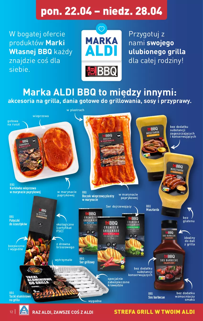 Gazetka promocyjna Aldi - Pełna oferta - ważna 22.04 do 28.04.2024 - strona 12 - produkty: Boczek, Boczek wieprzowy, Dania gotowe, Fa, Grill, Karkówka wieprzowa, Mus, Musztarda, Piec, Przyprawy, Ser, Sos