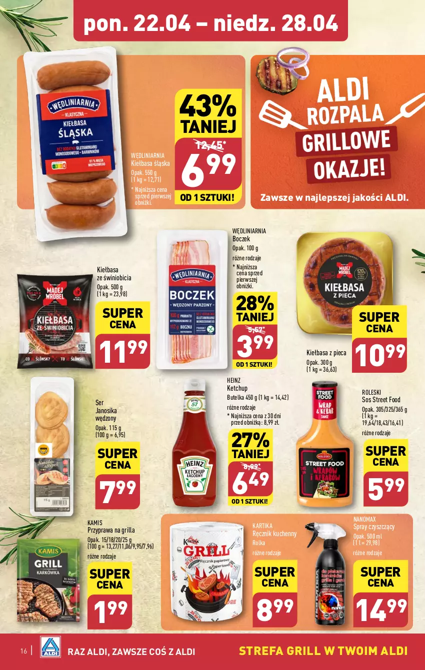 Gazetka promocyjna Aldi - Pełna oferta - ważna 22.04 do 28.04.2024 - strona 16 - produkty: BIC, Boczek, Fa, Grill, Heinz, Kamis, Ketchup, Kiełbasa, Kiełbasa śląska, Nanomax, Piec, Ręcznik, Ręcznik kuchenny, Ser, Sos