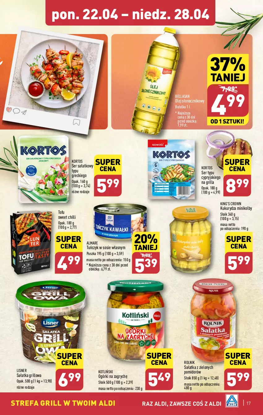 Gazetka promocyjna Aldi - Pełna oferta - ważna 22.04 do 28.04.2024 - strona 17 - produkty: Bell, Bella, Fa, Grill, Gry, Kukurydza, Lisner, Olej, Olej słonecznikowy, Rolnik, Sałat, Sałatka, Ser, Sos, Tofu, Tuńczyk