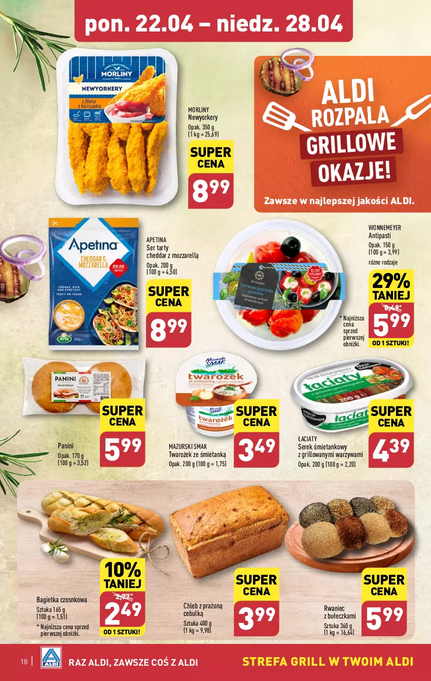 Gazetka promocyjna Aldi - Pełna oferta - ważna 22.04 do 28.04.2024 - strona 18 - produkty: Bagietka, Bagietka czosnkowa, Cheddar, Chleb, Fa, Grill, Morliny, Ser, Serek, Warzywa