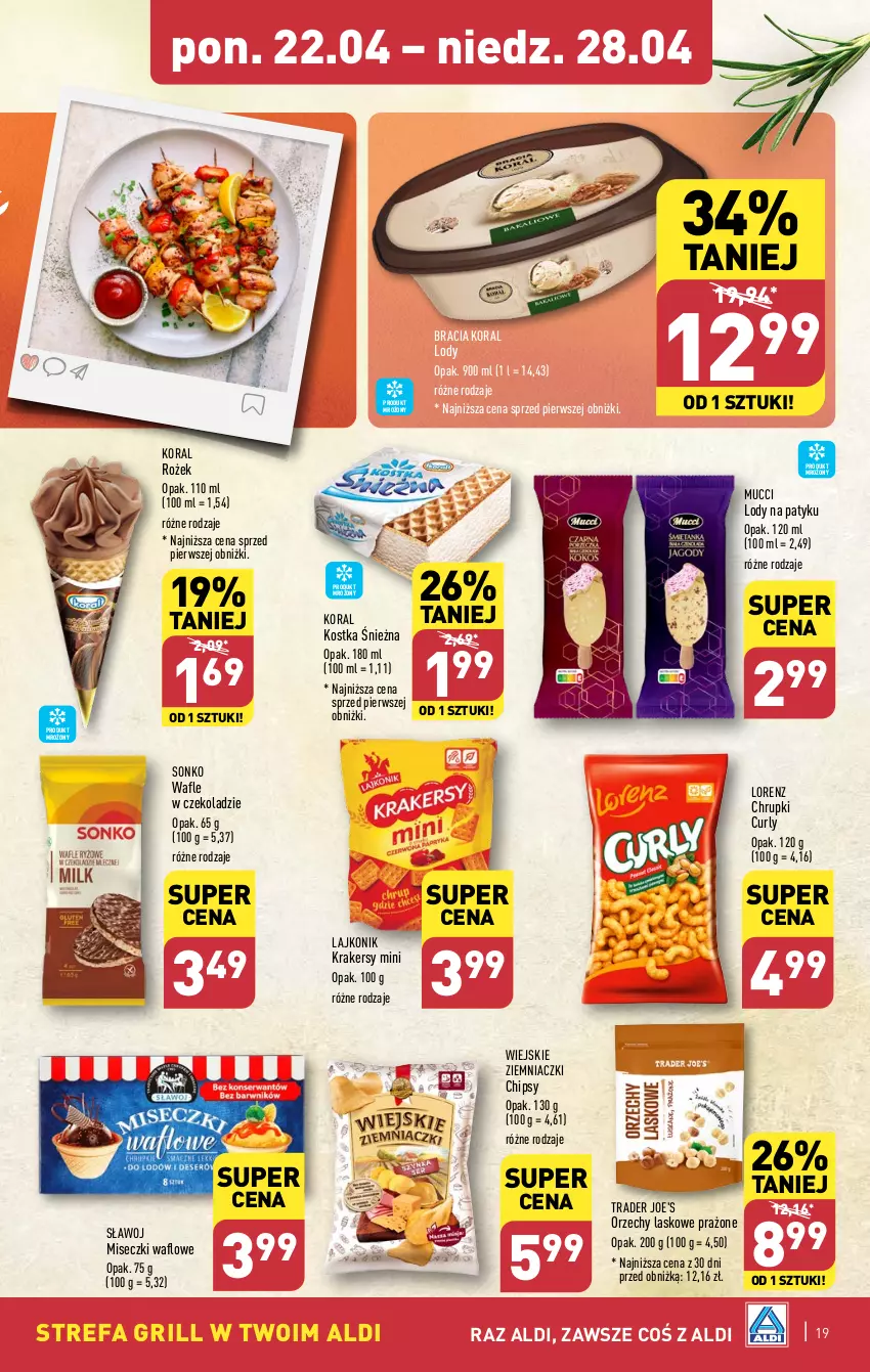 Gazetka promocyjna Aldi - Pełna oferta - ważna 22.04 do 28.04.2024 - strona 19 - produkty: Chipsy, Chrupki, Fa, Grill, Krakersy, Lajkonik, Lody, Lorenz, Sonko, Wafle