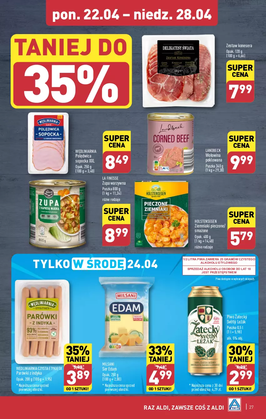 Gazetka promocyjna Aldi - Pełna oferta - ważna 22.04 do 28.04.2024 - strona 27 - produkty: Edam, Gra, Parówki, Parówki z indyka, Piec, Piwa, Piwo, Polędwica, Ser, Wołowina, Ziemniaki, Zupa