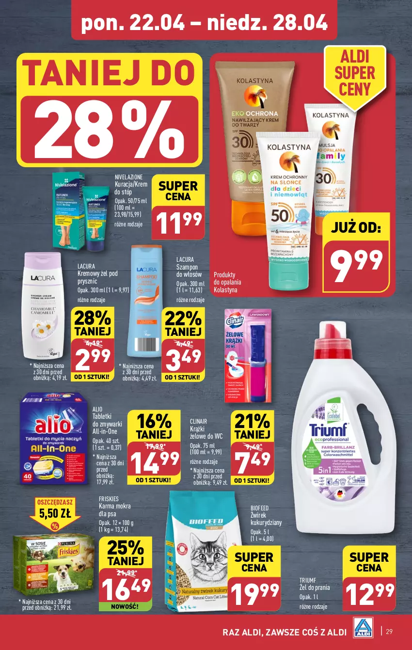 Gazetka promocyjna Aldi - Pełna oferta - ważna 22.04 do 28.04.2024 - strona 29 - produkty: Clin, Friskies, Krem do stóp, Nivelazione, Szampon, Tablet, Tabletki do zmywarki, Zmywarki