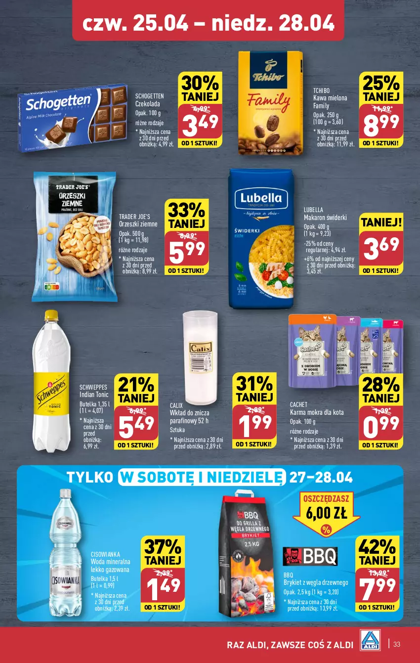 Gazetka promocyjna Aldi - Pełna oferta - ważna 22.04 do 28.04.2024 - strona 33 - produkty: Bell, Bella, Cisowianka, Czekolada, Fa, Kawa, Kawa mielona, Lubella, Makaron, Orzeszki, Orzeszki ziemne, Schogetten, Schweppes, Tchibo, Woda, Woda mineralna, Znicz