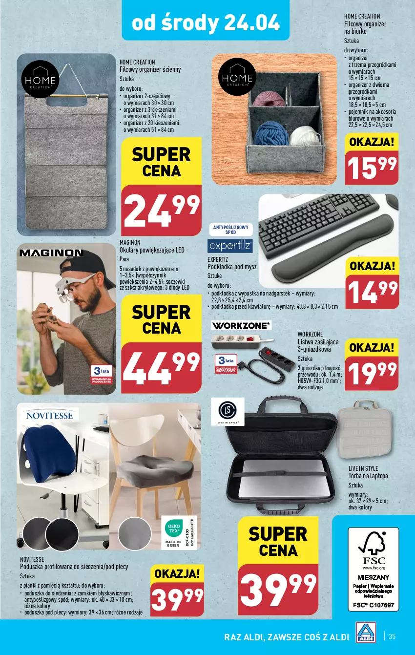 Gazetka promocyjna Aldi - Pełna oferta - ważna 22.04 do 28.04.2024 - strona 35 - produkty: Biurko, Biuro, Gin, Listwa, Mysz, Organizer, Podkład, Podkładka, Podkładka pod mysz, Poduszka, Pojemnik, Stek, Top, Torba, Torba na laptopa