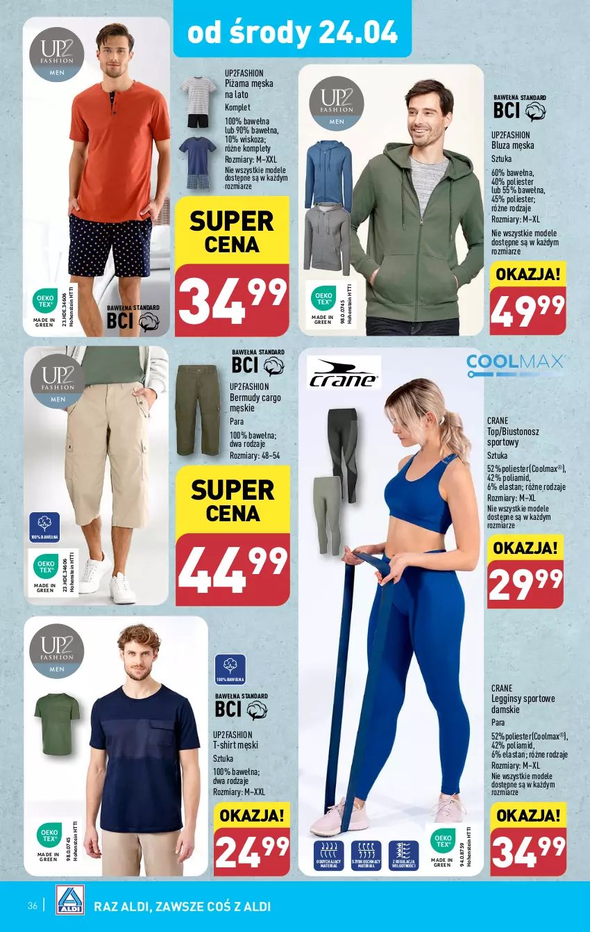 Gazetka promocyjna Aldi - Pełna oferta - ważna 22.04 do 28.04.2024 - strona 36 - produkty: Bermudy, Biustonosz, Bluza, Fa, Gin, Legginsy, LG, Olma, Piżama, Por, Sport, T-shirt, Top, Wełna