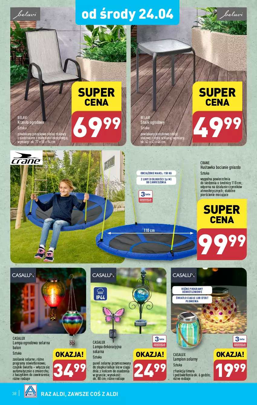 Gazetka promocyjna Aldi - Pełna oferta - ważna 22.04 do 28.04.2024 - strona 38 - produkty: Gra, Haczyk, Huśtawka, Krzesło, Krzesło ogrodowe, Lampa, Lampion, Por, Silan, Sok, Stolik