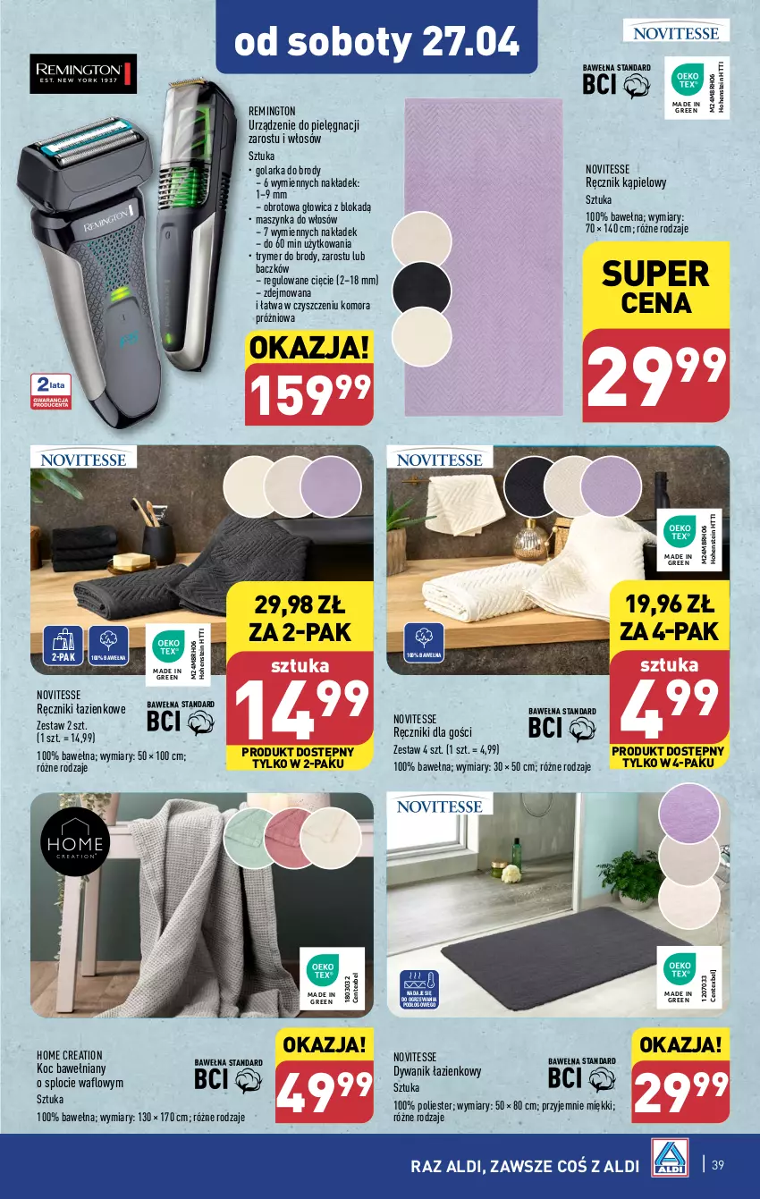 Gazetka promocyjna Aldi - Pełna oferta - ważna 22.04 do 28.04.2024 - strona 39 - produkty: Dywan, Dywanik, Dywanik łazienkowy, Golarka, Koc, Maszynka, Ręcznik, Ręcznik kąpielowy, Remington, Szynka, Wełna