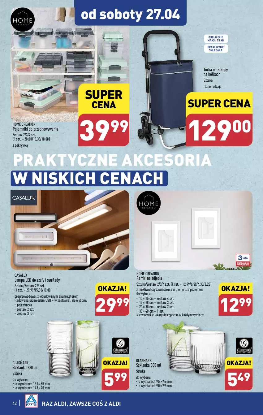 Gazetka promocyjna Aldi - Pełna oferta - ważna 22.04 do 28.04.2024 - strona 42 - produkty: Akumulator, Lampa, Lampa LED, Pojemnik, Szklanka, Torba, Torba na zakupy