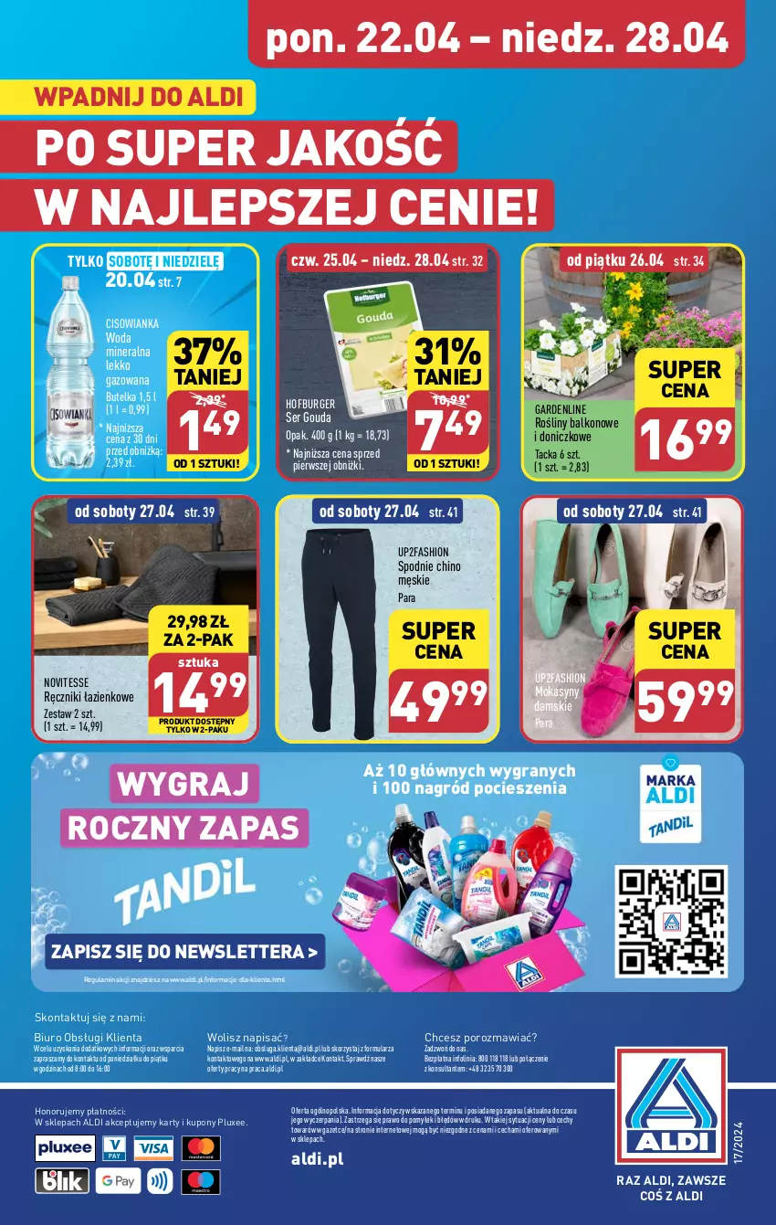 Gazetka promocyjna Aldi - Pełna oferta - ważna 22.04 do 28.04.2024 - strona 44 - produkty: Biuro, Burger, Cisowianka, Fa, Gouda, Gra, Hofburger, Mokasyny, O nas, Por, Ręcznik, Ser, Spodnie, Tera, Woda, Woda mineralna