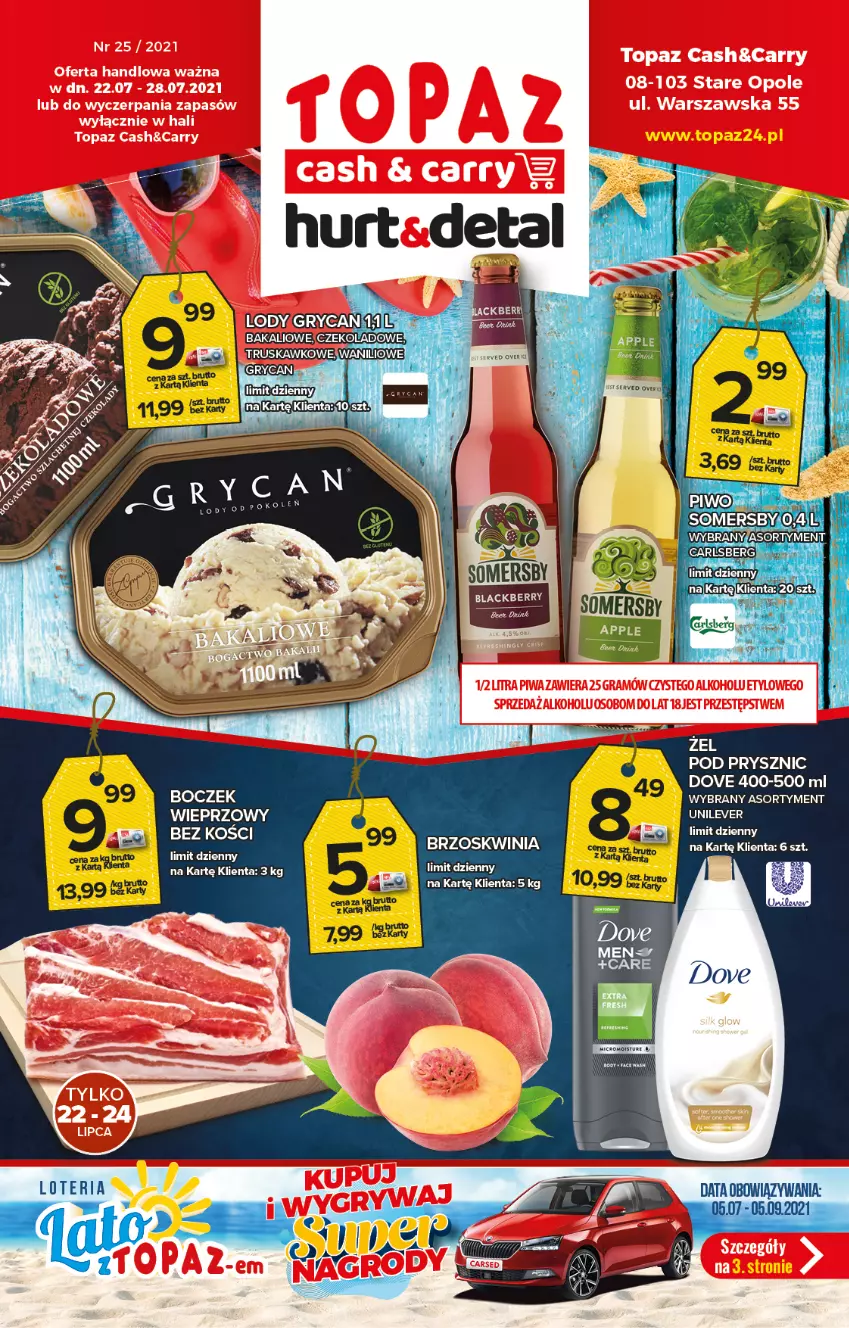 Gazetka promocyjna Topaz - Gazetka - ważna 22.07 do 28.07.2021 - strona 1 - produkty: Boczek, Dove, Gry, LG, Lody, Somersby, Top