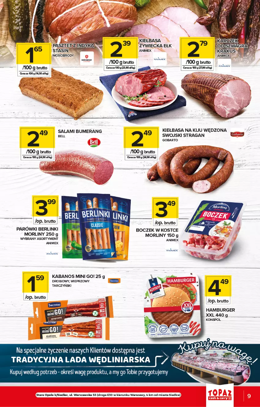 Gazetka promocyjna Topaz - Gazetka - ważna 22.07 do 28.07.2021 - strona 9 - produkty: Berlinki, Boczek, Bumerang, Burger, Hamburger, Kabanos, Kiełbasa, Morliny, Parówki, Por, Salami, Tarczyński