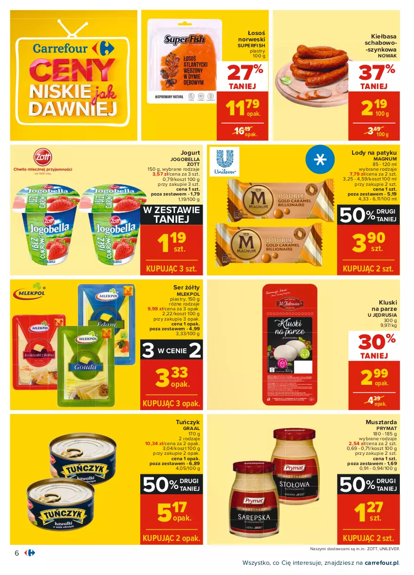 Gazetka promocyjna Carrefour - Gazetka Carrefour - ważna 28.07 do 07.08.2021 - strona 12 - produkty: Bell, Bella, Gra, Graal, Jogobella, Jogurt, Kiełbasa, Kluski na parze, Kosz, Lody, Mus, Musztarda, NOWAK, Prymat, Ser, Tuńczyk, Zott