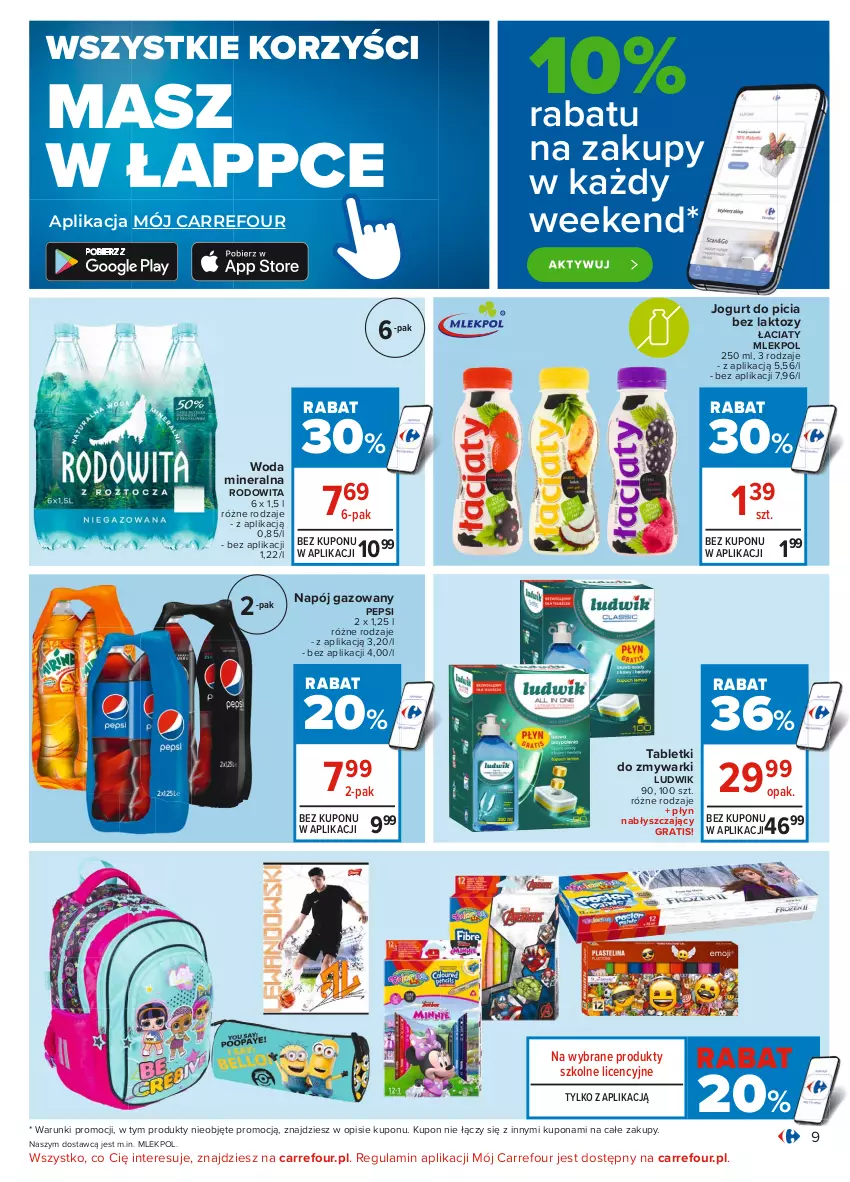 Gazetka promocyjna Carrefour - Gazetka Carrefour - ważna 28.07 do 07.08.2021 - strona 15 - produkty: Gra, Jogurt, Ludwik, Napój, Napój gazowany, Pepsi, Płyn nabłyszczający, Tablet, Tabletki do zmywarki, Woda, Woda mineralna, Zmywarki