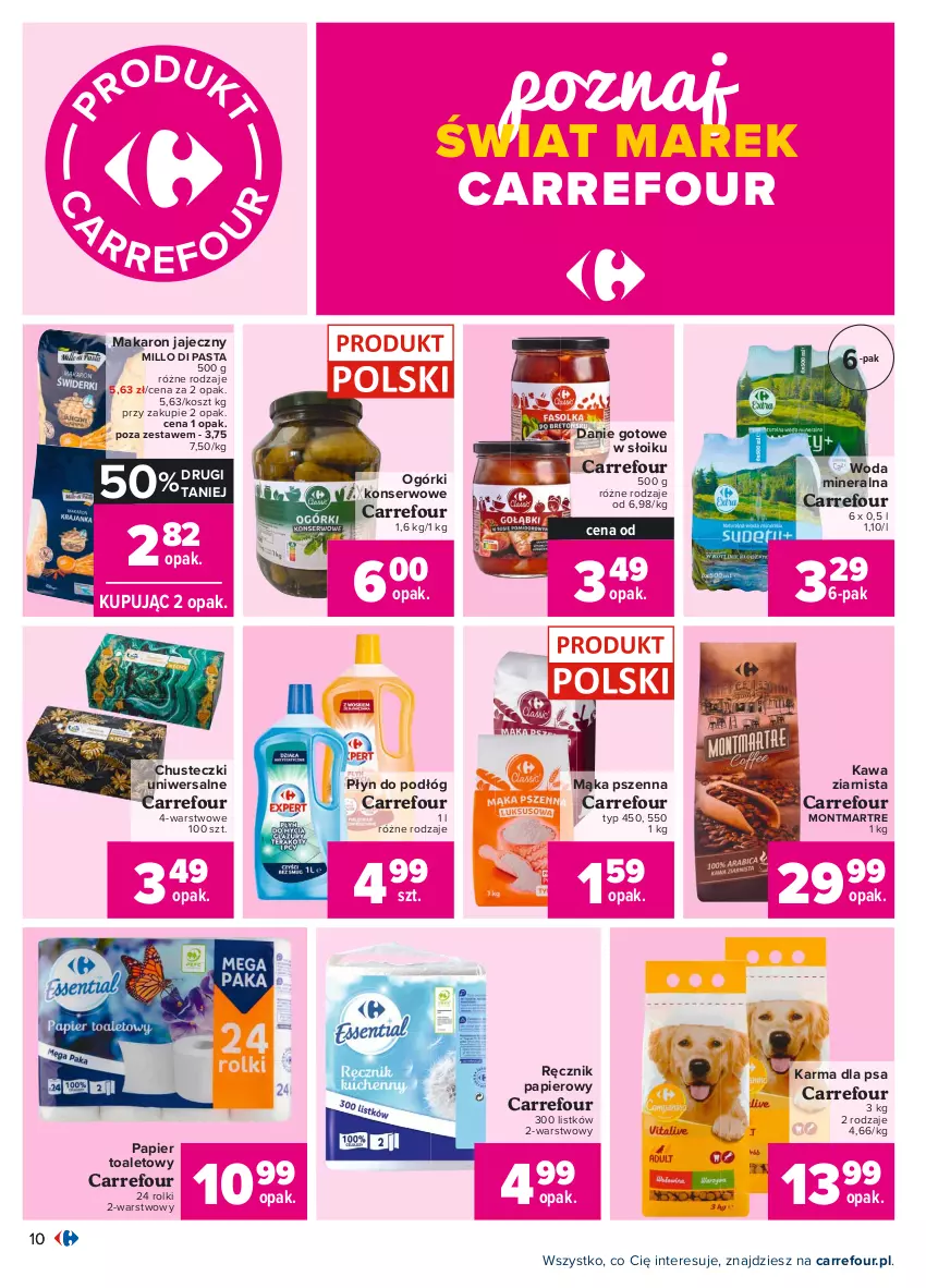 Gazetka promocyjna Carrefour - Gazetka Carrefour - ważna 28.07 do 07.08.2021 - strona 16 - produkty: Chusteczki, Danie gotowe, Kawa, Kawa ziarnista, Kosz, Mąka, Mąka pszenna, Makaron, Montmartre, Ogórki konserwowe, Papier, Papier toaletowy, Ręcznik, Rolki, Ser, Woda, Woda mineralna