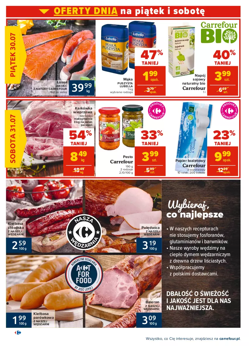 Gazetka promocyjna Carrefour - Gazetka Carrefour - ważna 28.07 do 07.08.2021 - strona 2 - produkty: Bell, Bella, Karkówka wieprzowa, Kiełbasa, Lubella, Mąka, Napój, Papier, Papier toaletowy, Pesto, Polędwica