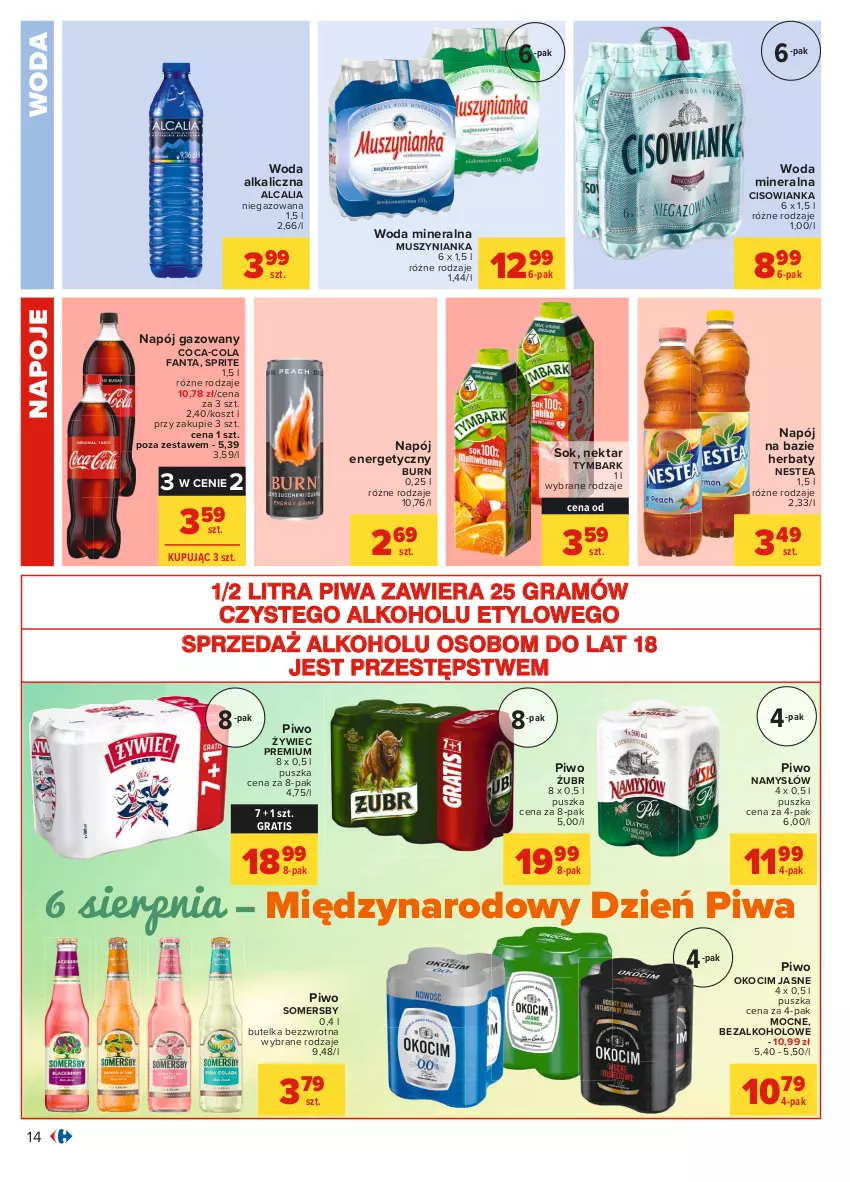 Gazetka promocyjna Carrefour - Gazetka Carrefour - ważna 28.07 do 07.08.2021 - strona 20 - produkty: Cisowianka, Coca-Cola, Fa, Fanta, Gra, Koc, Kosz, Mus, Muszynianka, Namysłów, Napój, Napój energetyczny, Napój gazowany, Napoje, Nektar, Nestea, Okocim, Piwa, Piwo, Sok, Somersby, Sprite, Tymbark, Woda, Woda mineralna