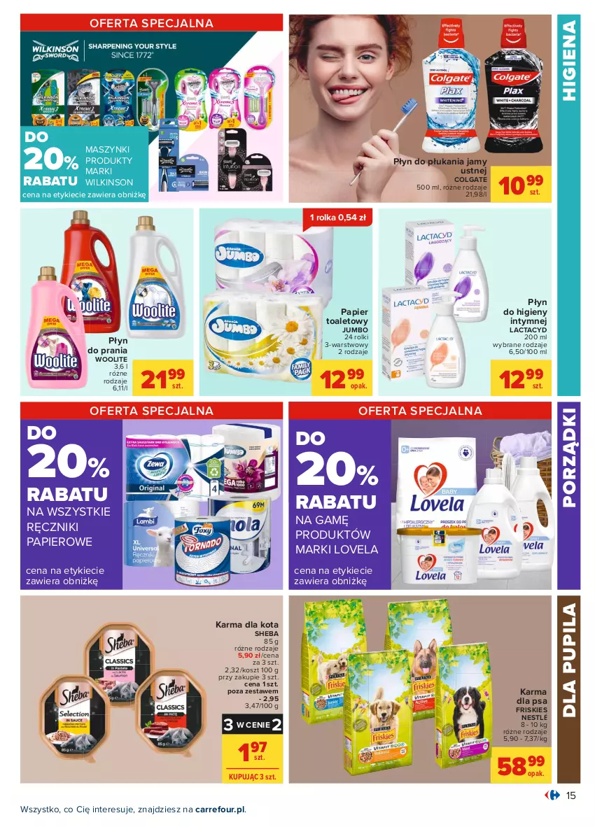 Gazetka promocyjna Carrefour - Gazetka Carrefour - ważna 28.07 do 07.08.2021 - strona 21 - produkty: Colgate, Friskies, Kosz, Lactacyd, LG, Lovela, Nestlé, Papier, Papier toaletowy, Płyn do higieny intymnej, Płyn do płukania, Płyn do płukania jamy ustnej, Płyn do prania, Por, Ręcznik, Ręczniki papierowe, Rolki, Sheba, Woolite