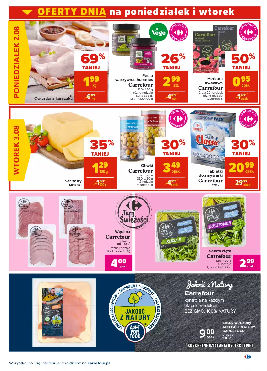 Gazetka promocyjna Carrefour - Gazetka Carrefour - ważna 28.07 do 07.08.2021 - strona 3 - produkty: Herbata, Herbata owocowa, Hummus, Kurczak, Mus, Oliwki, Pasta warzywna, Sałat, Ser, Tablet, Tabletki do zmywarki, Wędlina, Zmywarki