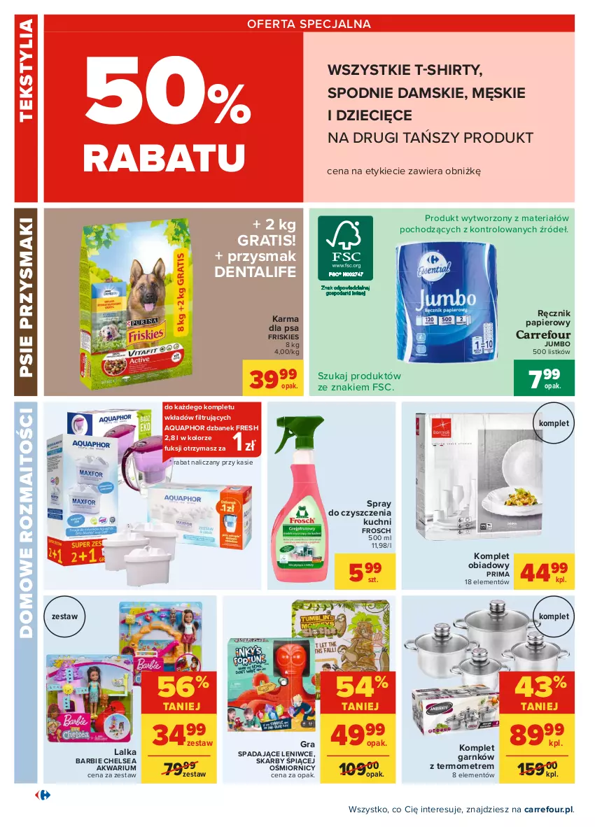 Gazetka promocyjna Carrefour - Gazetka Carrefour - ważna 28.07 do 07.08.2021 - strona 6 - produkty: Akwarium, Aquaphor, Barbie, Dzbanek, Dzieci, Friskies, Frosch, Gra, Komplet obiadowy, Lalka, Papier, Prima, Przysmaki, Ręcznik, Spodnie, Spray do czyszczenia, T-shirt, Termometr