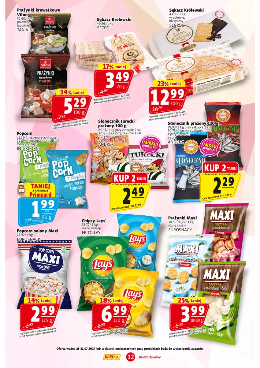 Gazetka promocyjna Prim Market - ważna 25.07 do 31.07.2024 - strona 12 - produkty: Chipsy, Królewski, Popcorn, Sękacz, Słonecznik prażony, Słonecznik turecki