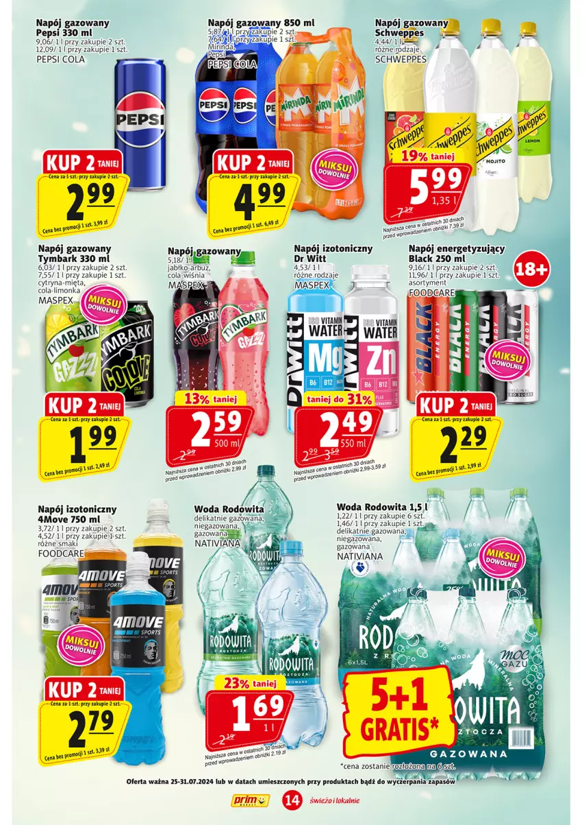 Gazetka promocyjna Prim Market - ważna 25.07 do 31.07.2024 - strona 14 - produkty: Arbuz, Lack, Limonka, Mięta, Napój, Napój gazowany, Napój izotoniczny, Pepsi, Schweppes, Tymbark, Woda