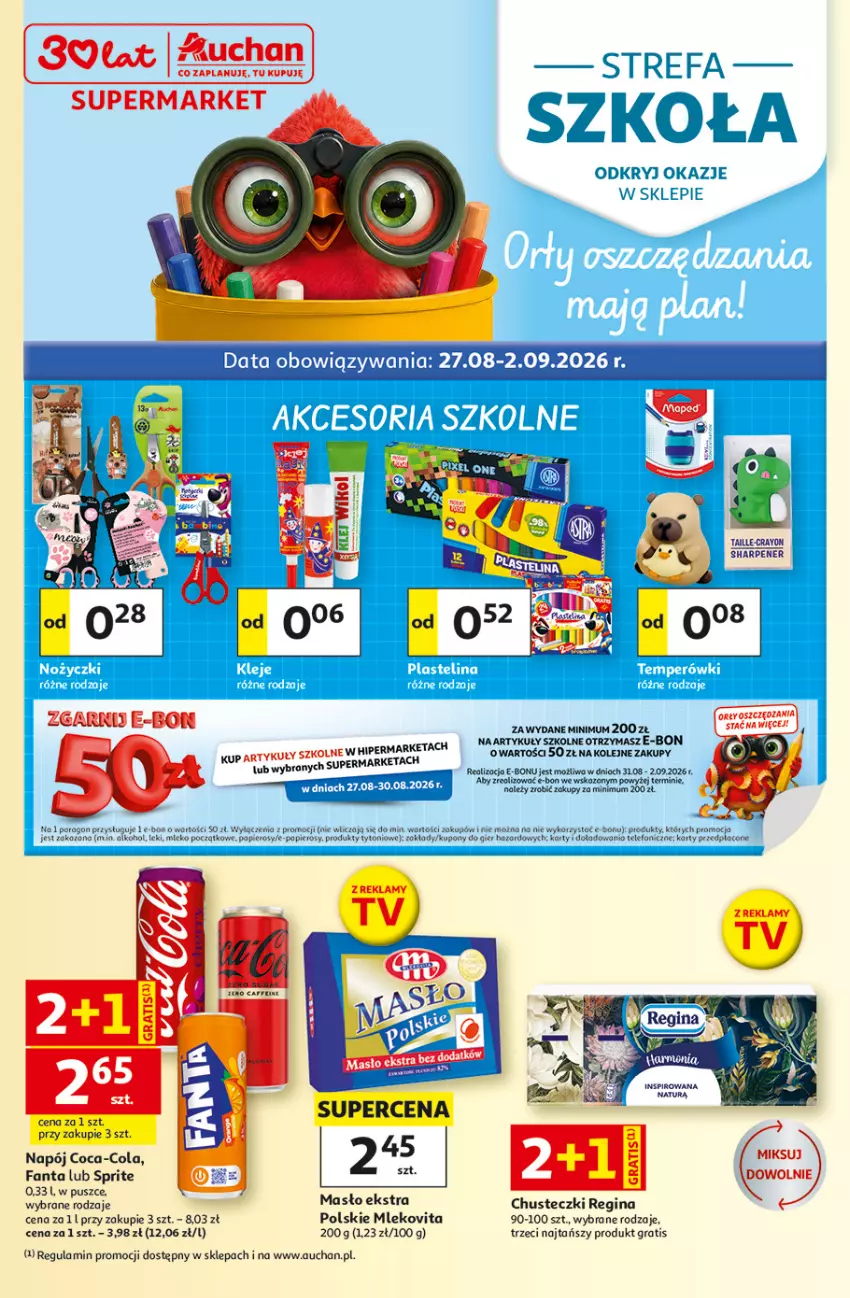 Gazetka promocyjna Auchan - Gazetka 30 Lat Supermarket Auchan - ważna 27.08 do 02.09.2026 - strona 1 - produkty: Chusteczki, Coca-Cola, Fa, Fanta, Gin, Gra, Mleko, Mlekovita, Napój, Olej, Papier, Por, Sharp, Sprite